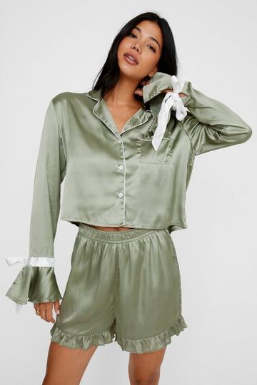 Satin Contrast Piping Tie Sleeve Ruffle Pajama Shorts Set olive