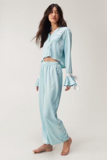 Blue Satin Contrast Piping Tie Sleeve Pajama Pants Set