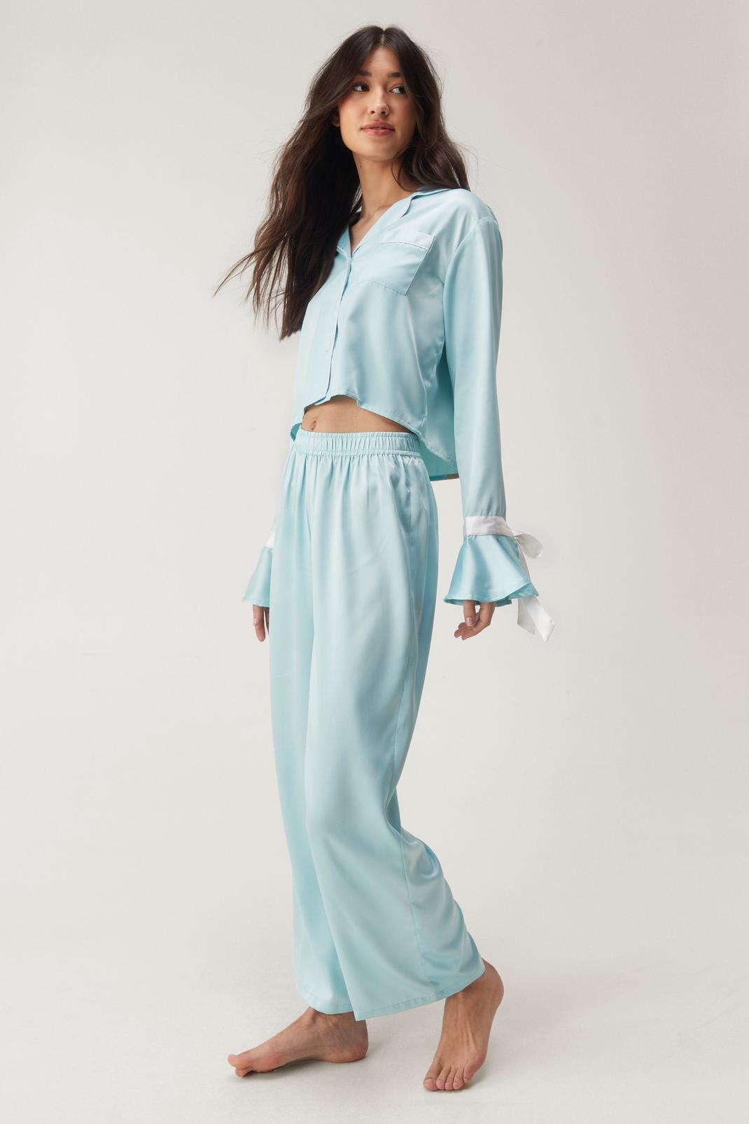 Blue Satin Contrast Piping Tie Sleeve Pyjama Trousers Set image number 1