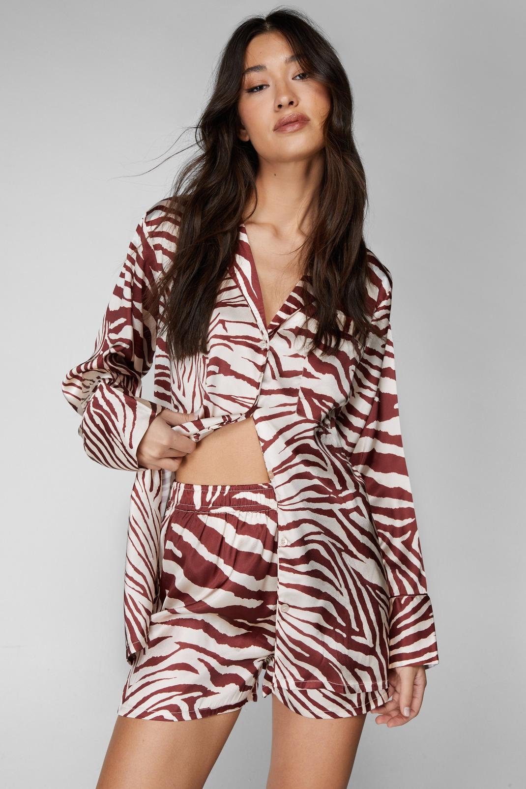 Chocolate Satin Zebra Oversized Pajama Shorts Set image number 1