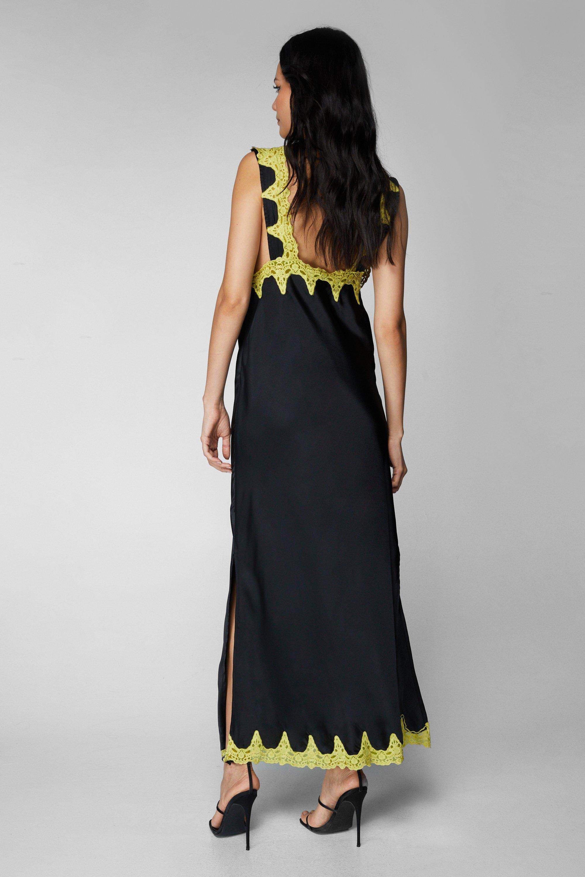 Cut Work Lace Trim Tie Satin Maxi Dress