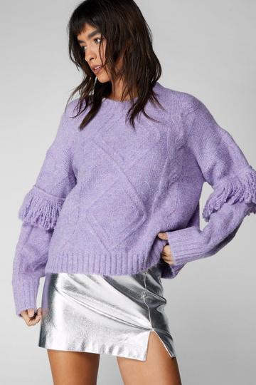 Cable Knit Fringe Sweater purple