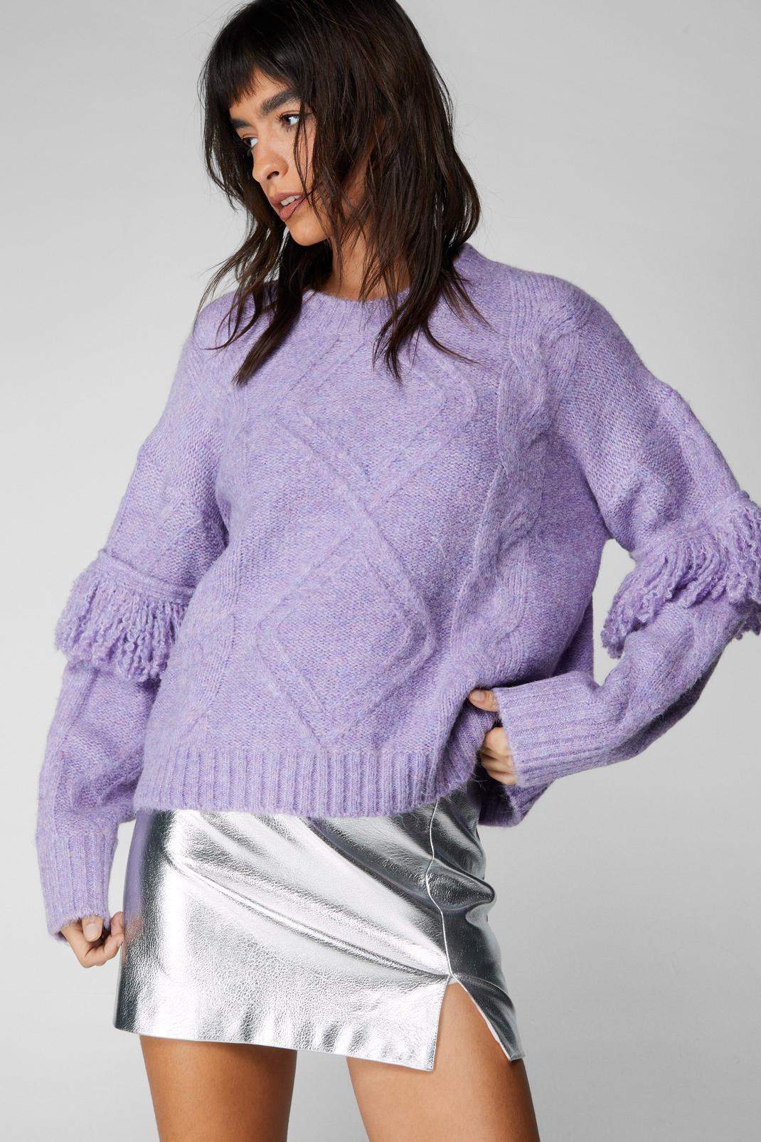 Purple Cable Knit Fringe Sweater image number 1