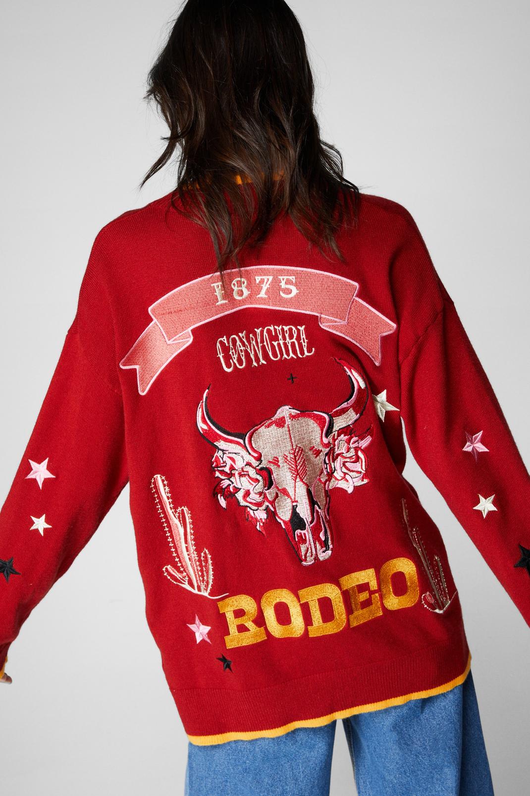 Cowgirl Rodeo Embroidered Cardigan, Burgundy image number 1