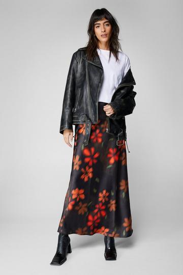 Multi Blurred Floral Satin Bias Maxi Skirt