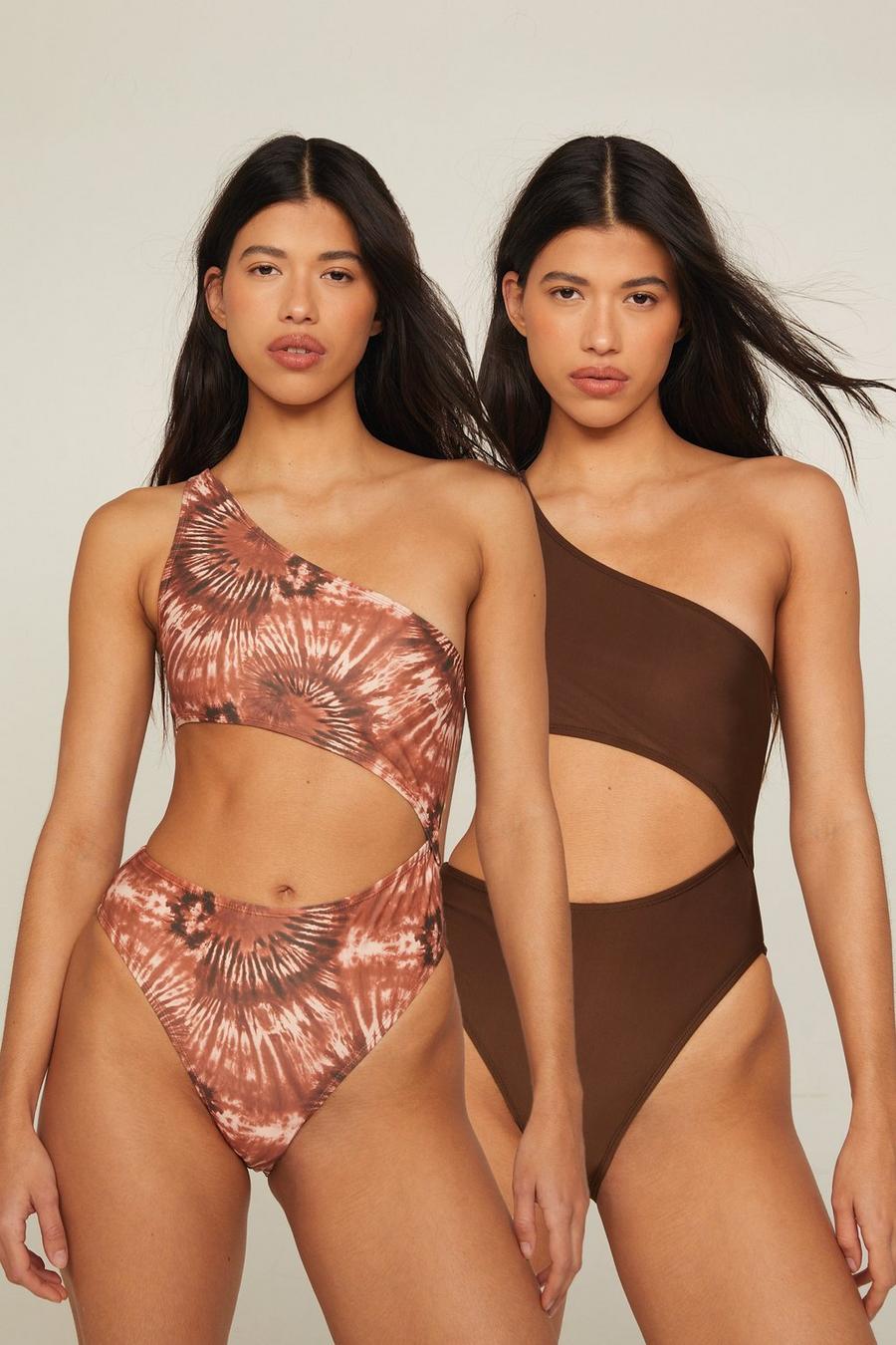 Basic 2 Pack Tie Dye One Shoulder Cut Out Swimsuits