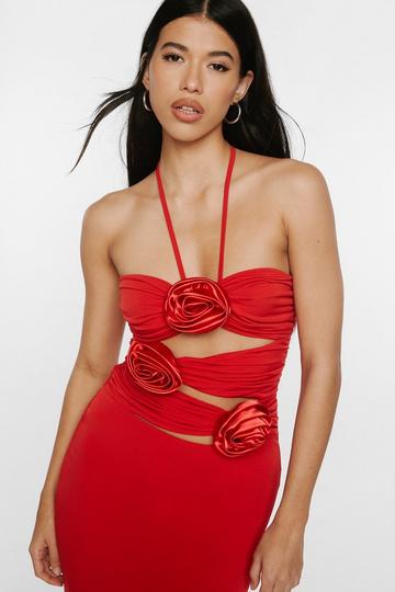 Red Mesh Rosette Maxi Dress