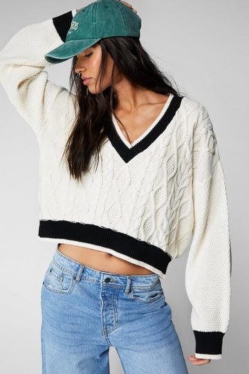 Tipped Cable Knit Sweater ecru