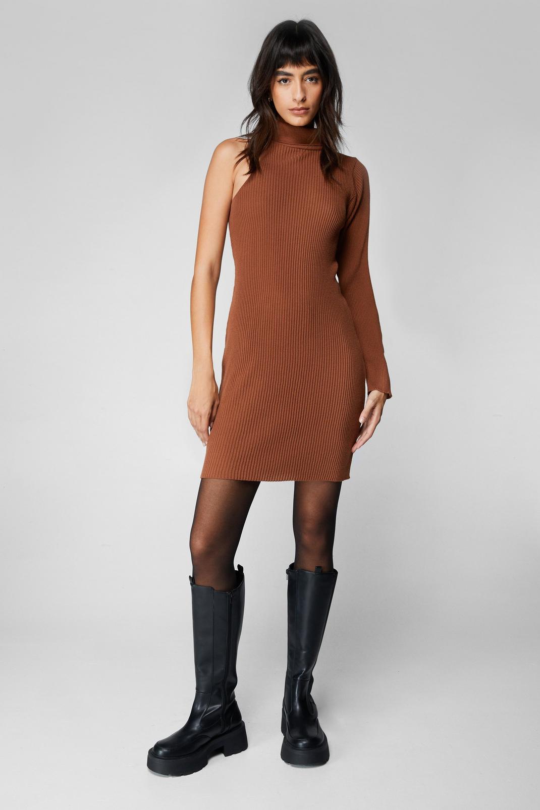 Brown Ribbed One Sleeve Knit Mini Dress image number 1