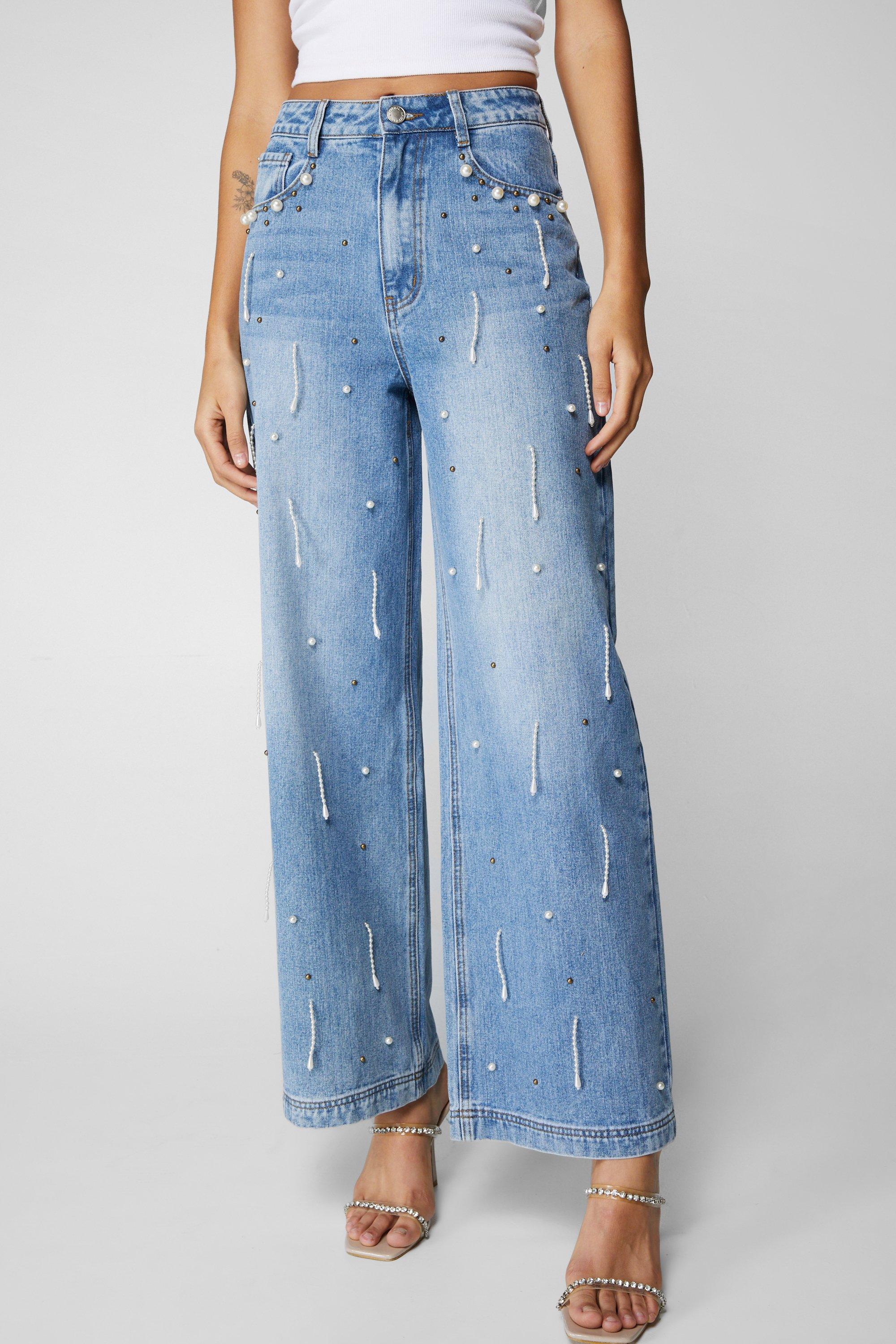 Premium Pearl Embellished Wide Leg Jeans