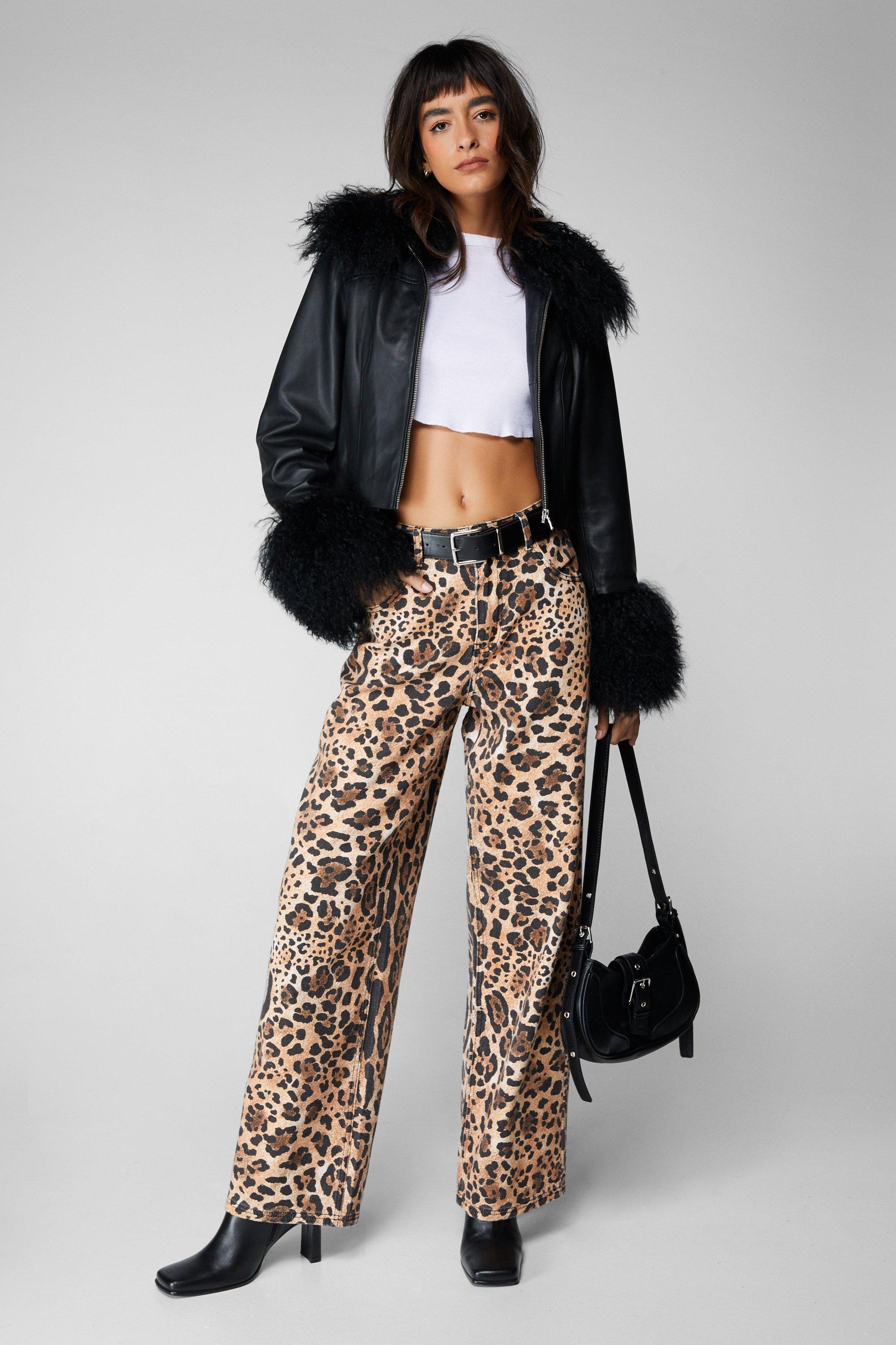 Frontwalk Women Bottoms Leopard Print Jeans Mid Waist Denim Pants