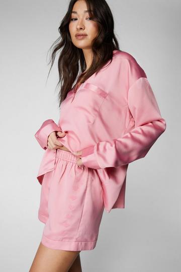 Satin Heart Embroidered Pajama Shorts Set pink