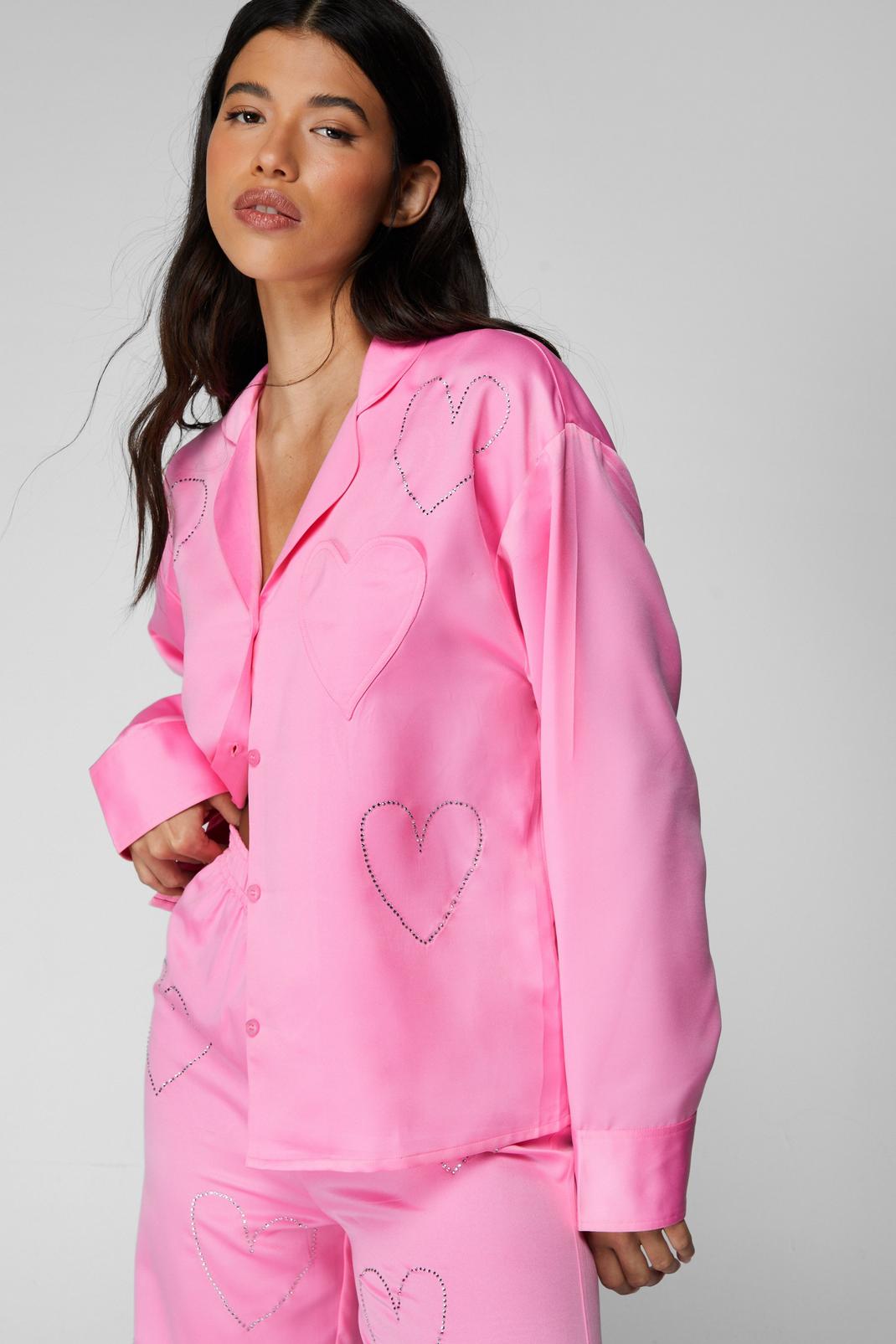 Pink Premium Heart Diamante Pajama Pants Set image number 1
