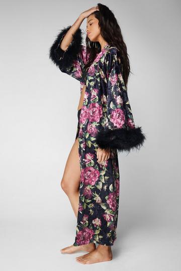 Premium Floral Velvet Feather Trim Maxi Robe black