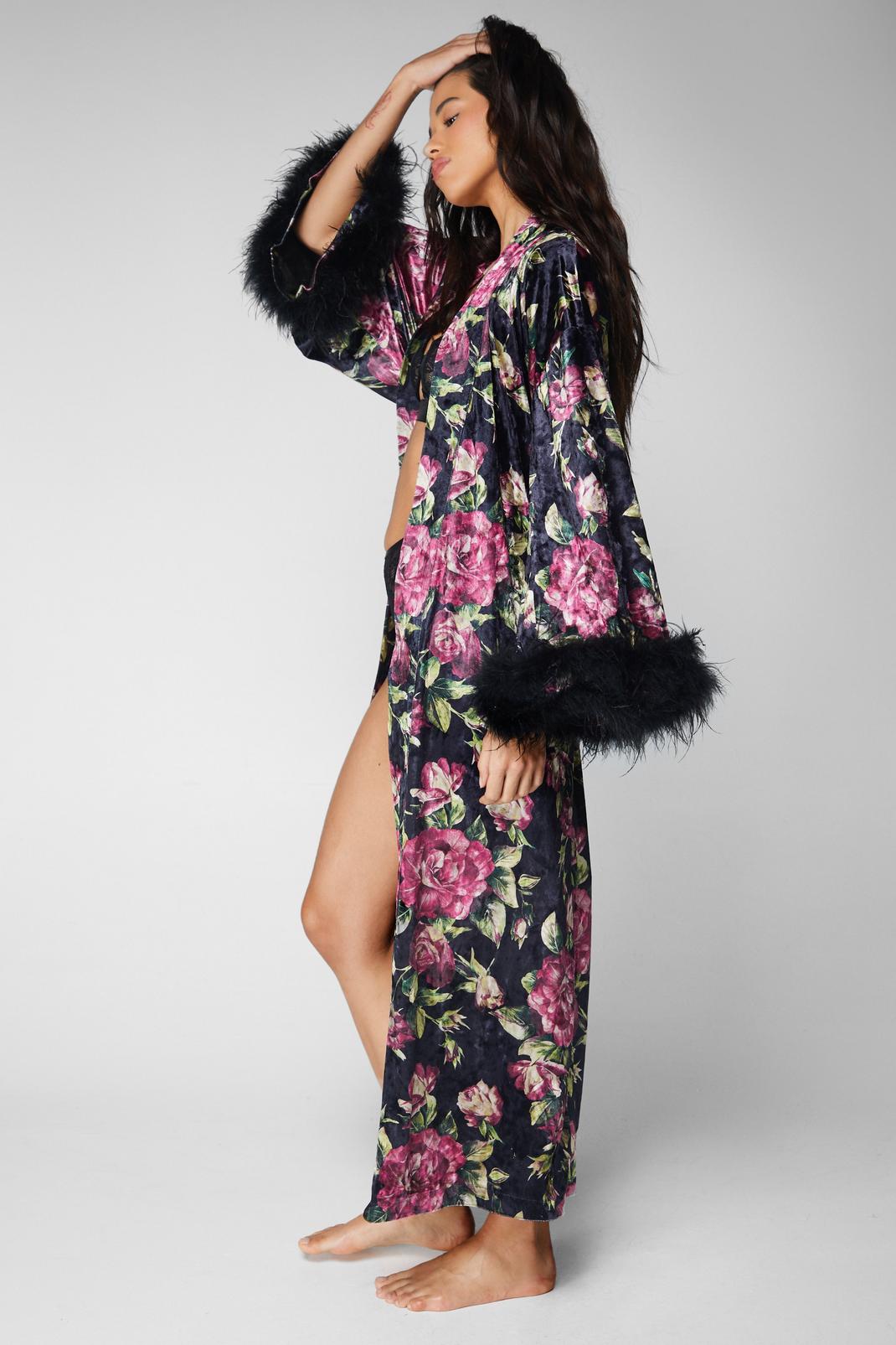 Black Premium Floral Velvet Feather Trim Maxi Robe image number 1