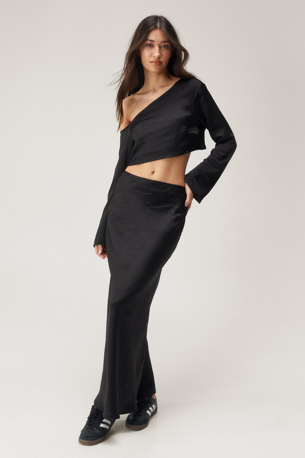 Textured Satin Bias Cut Maxi Skirt, Black image number 1
