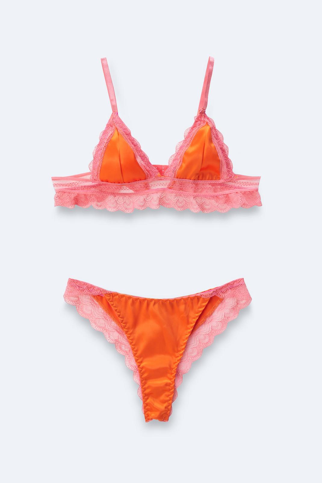 Orange Satin Contrast Lace Scallop Triangle Lingerie Set image number 1