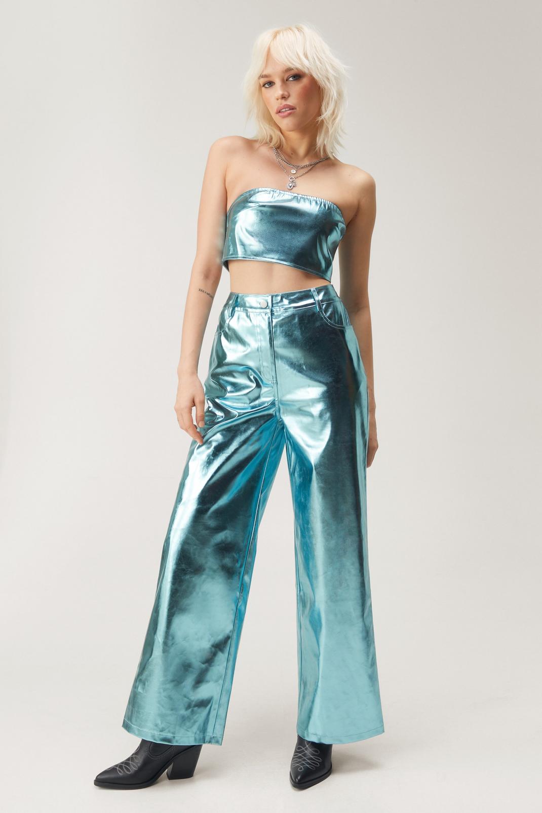 Metallic Faux Leather Wide Leg Trousers, Blue image number 1