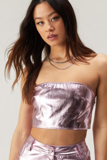 Pink Metallic Faux Leather Bandeau Top