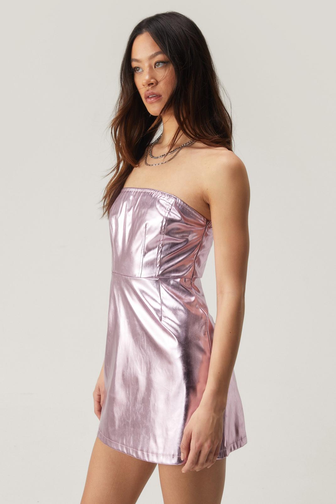 Pink Metallic Faux Leather Bandeau Dress image number 1
