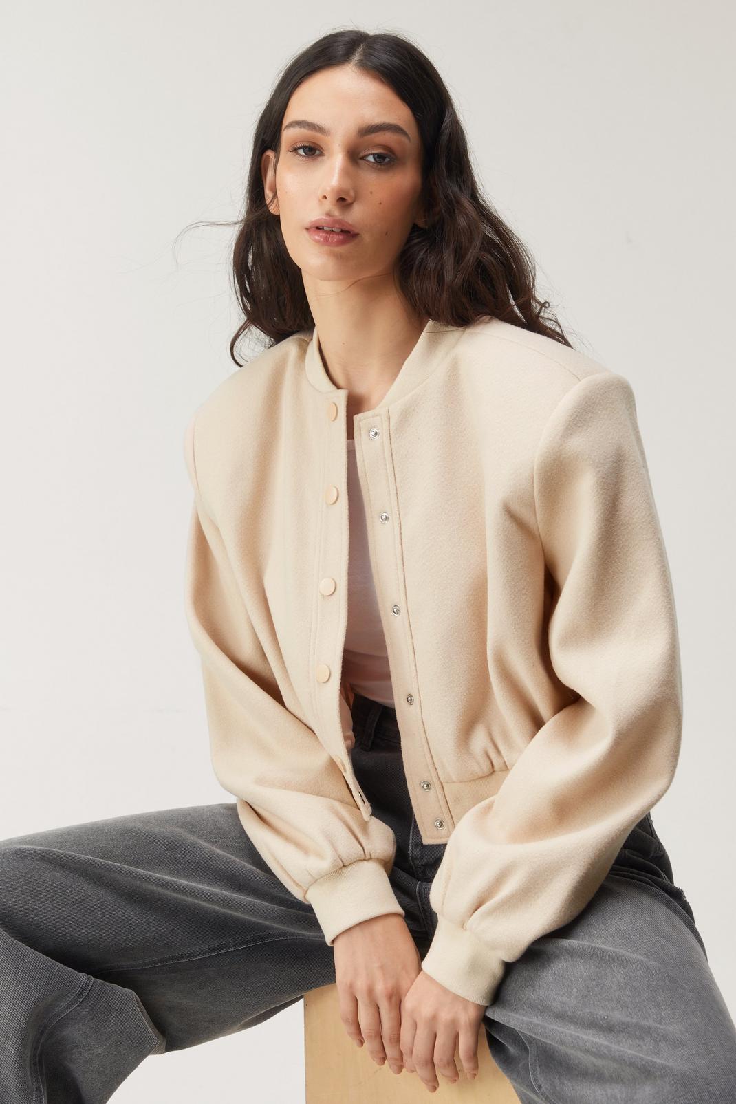 Cream Wool Look Cropped Bomber Jacket image number 1