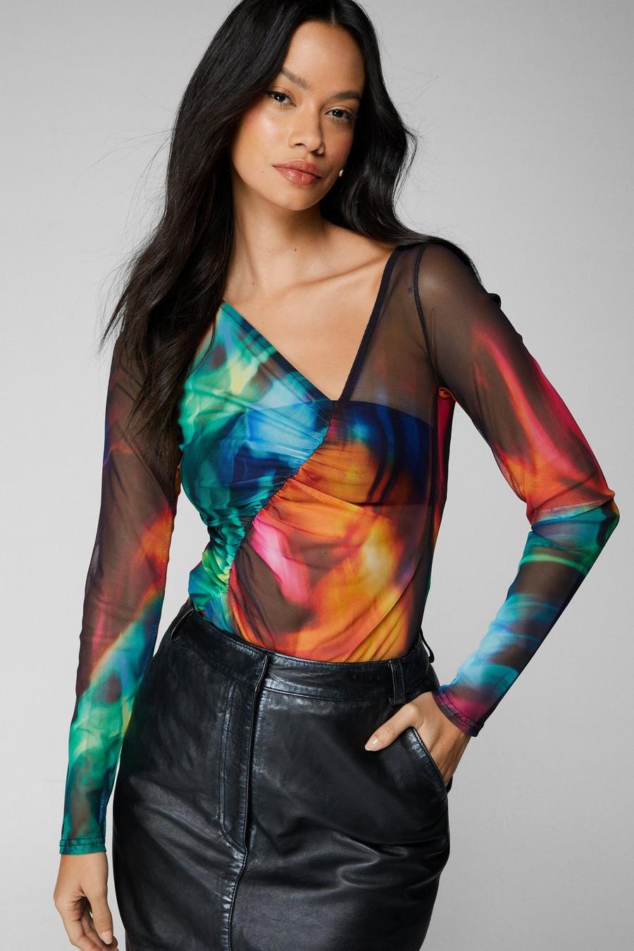 Printed Mesh Ruched Top