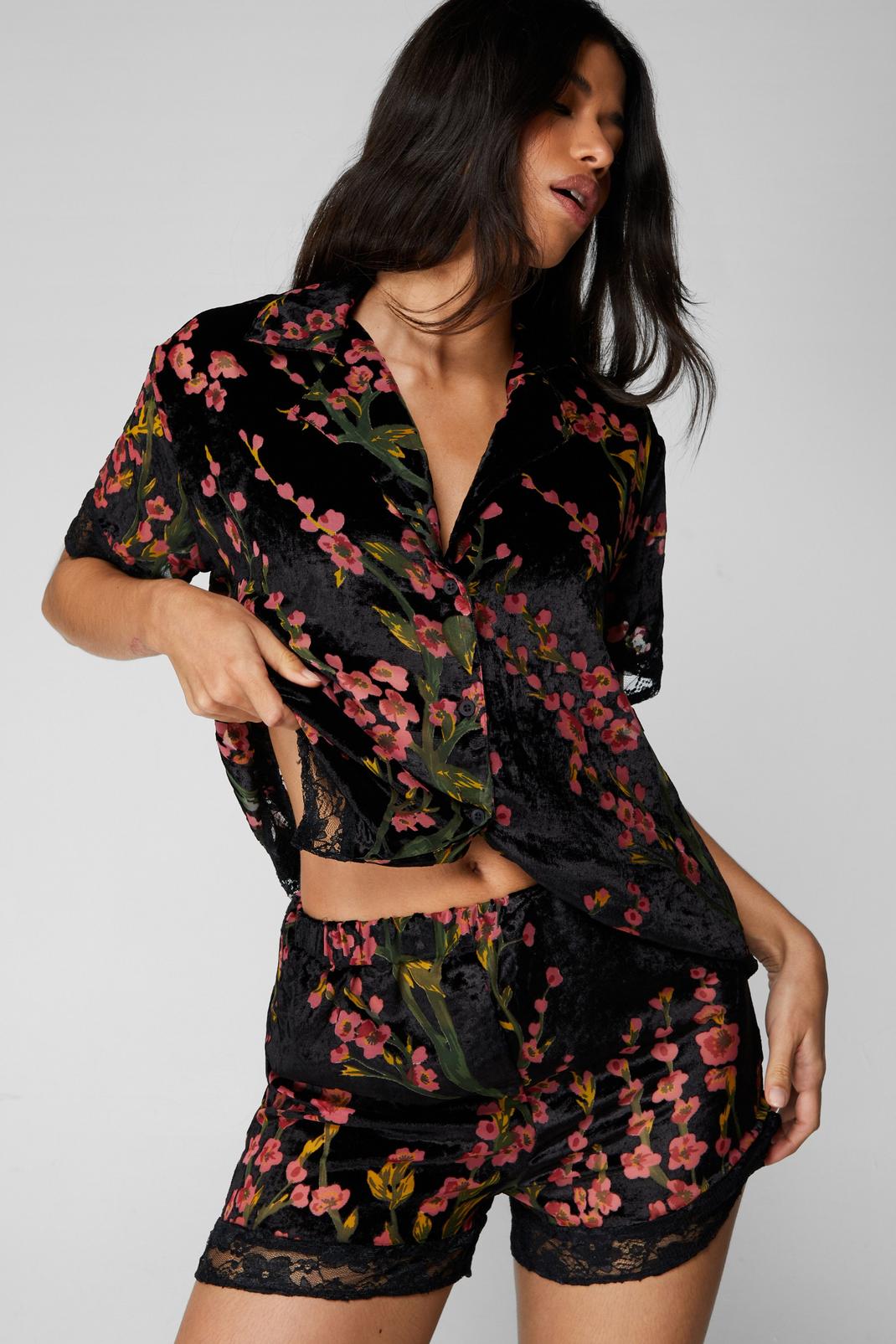 Black Premium Devore Lace Trim Pyjama Shirt and Shorts Set image number 1