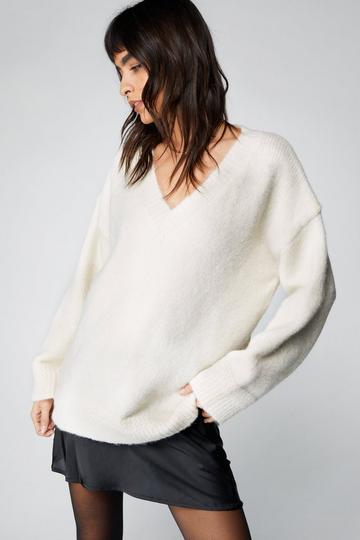 Cream White Deep V Neck Oversized Knitted Sweater
