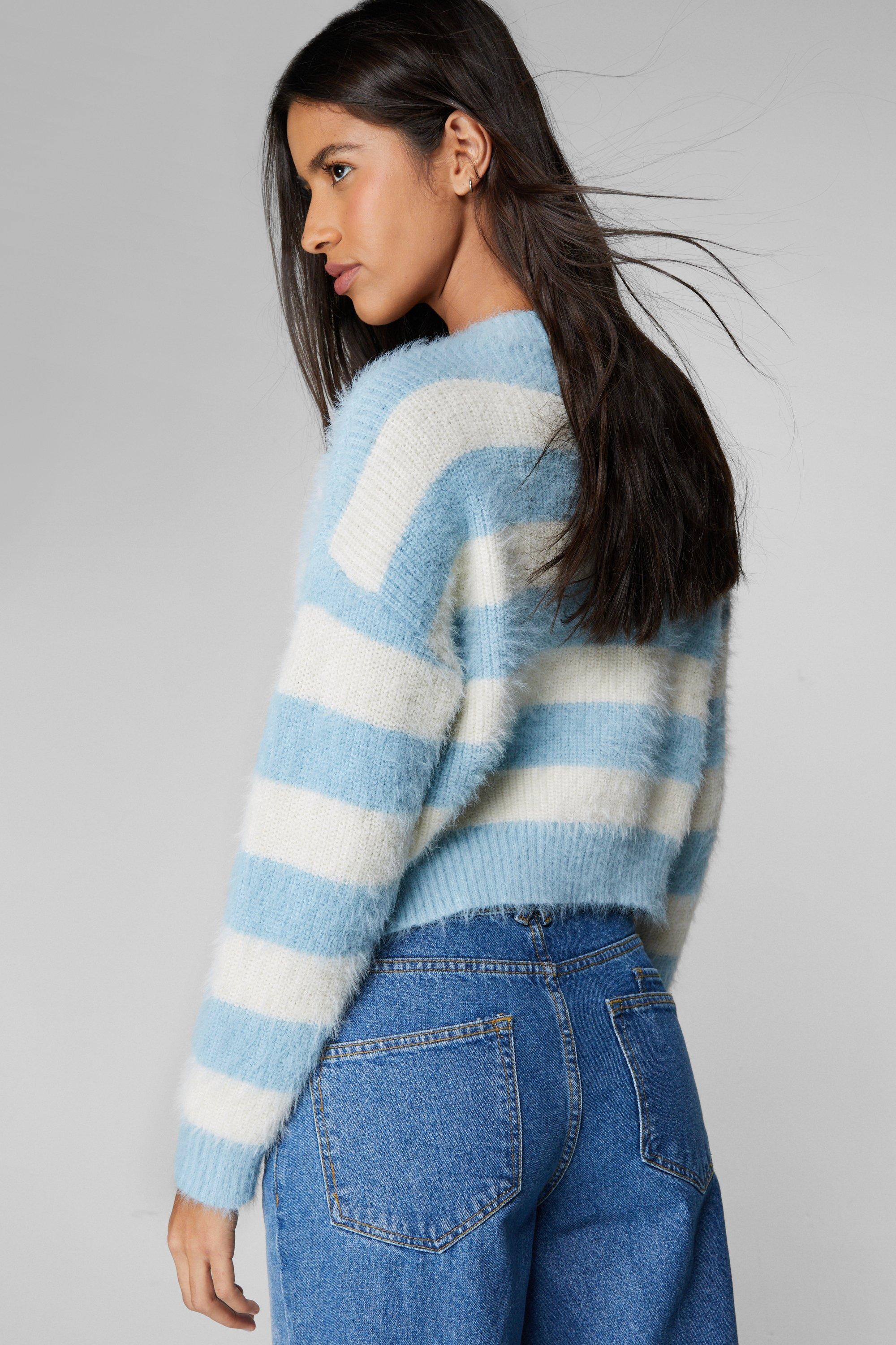 Fluffy Stripe V Neck Knit Jumper