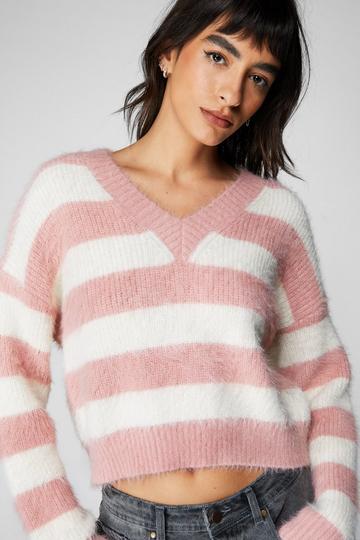 Stripey Fluffy V Neck Knitted Sweater pink