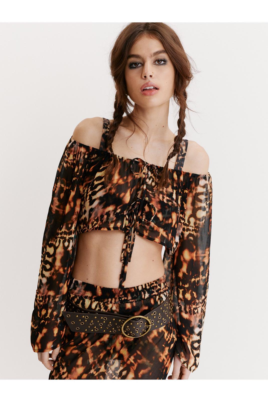 Brown Sheer Animal Print Tie Front Beach Cover Up Top image number 1