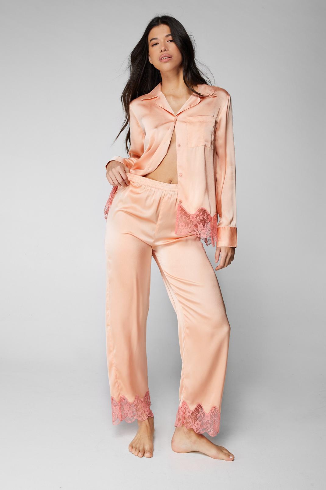 Peach Satin Contrast Lace Long Sleeve Pajama Pants Set image number 1