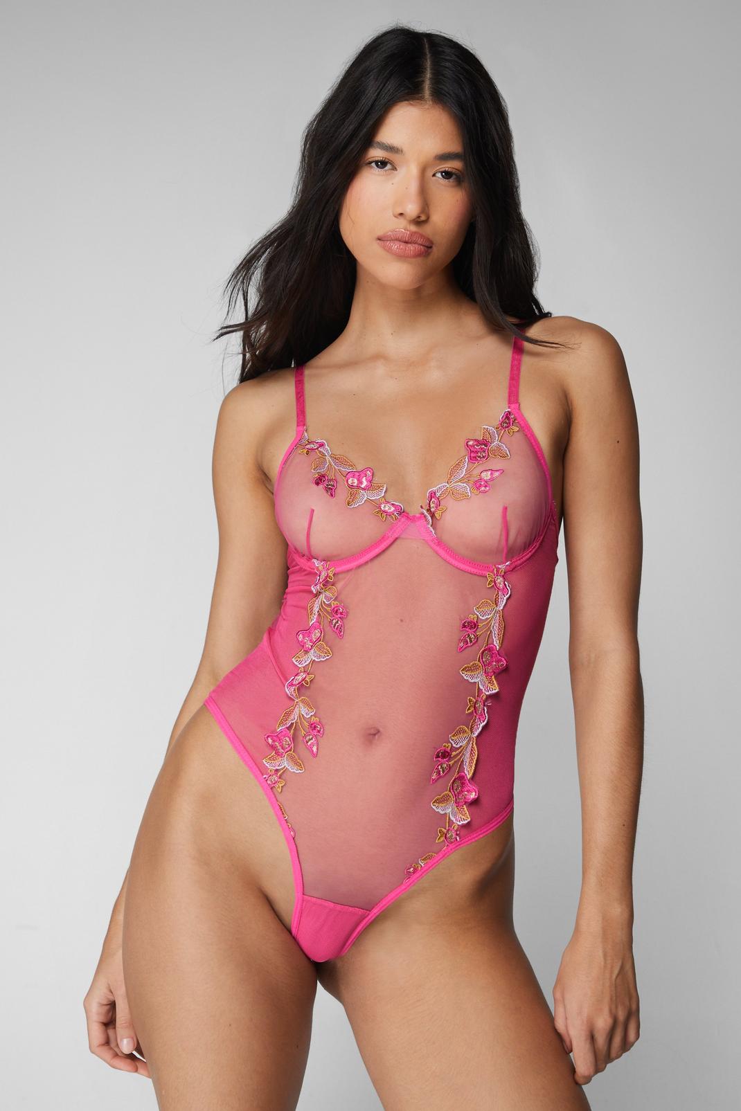 Pink Floral Embriodery Lace Detail Lingerie Bodysuit image number 1