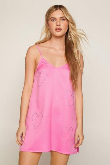 Premium Heart Diamante Satin Nightgown pink