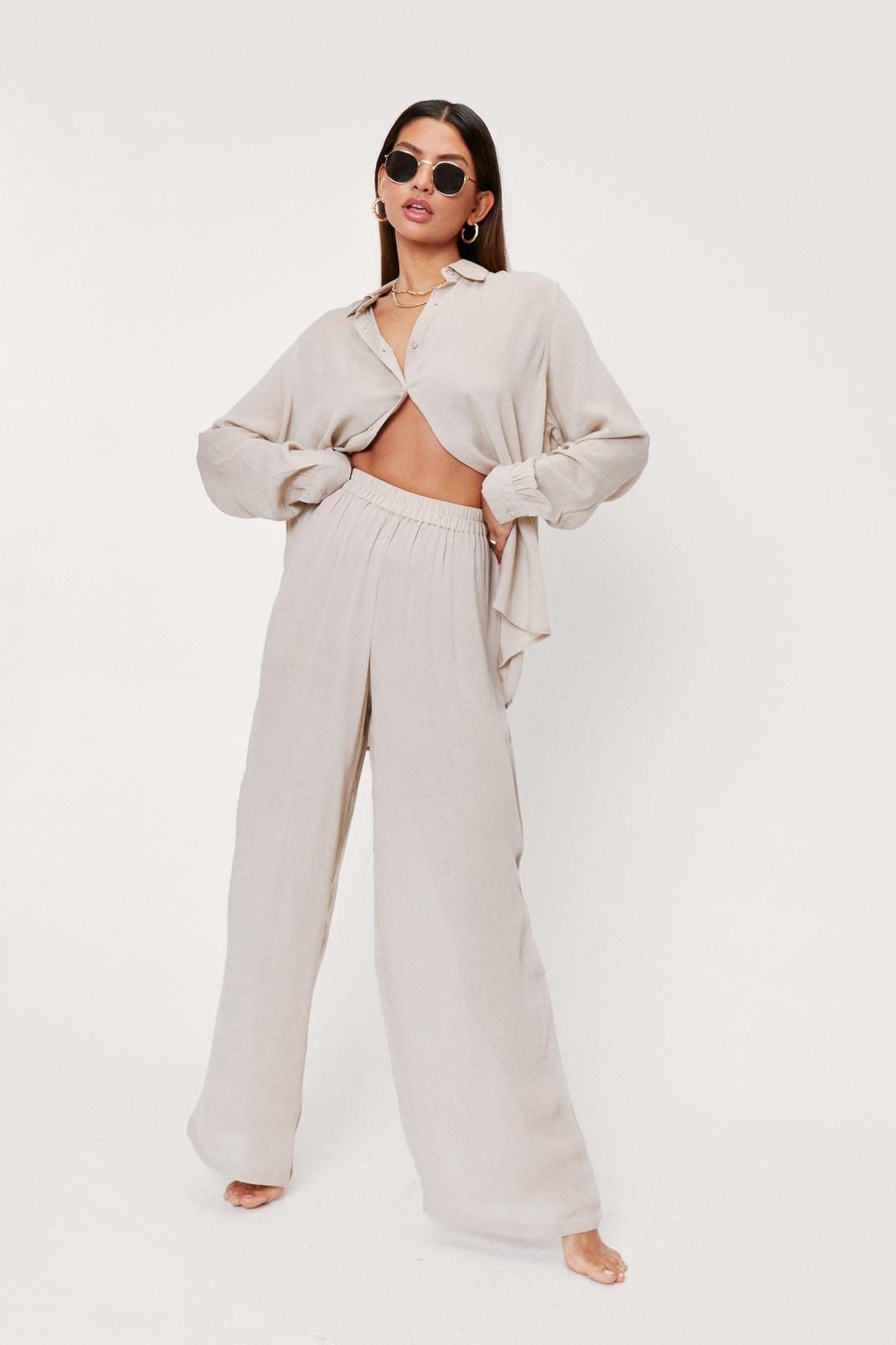 Stone Oversized Shirt & Wide Leg Trousers Co-ord Set image number 1