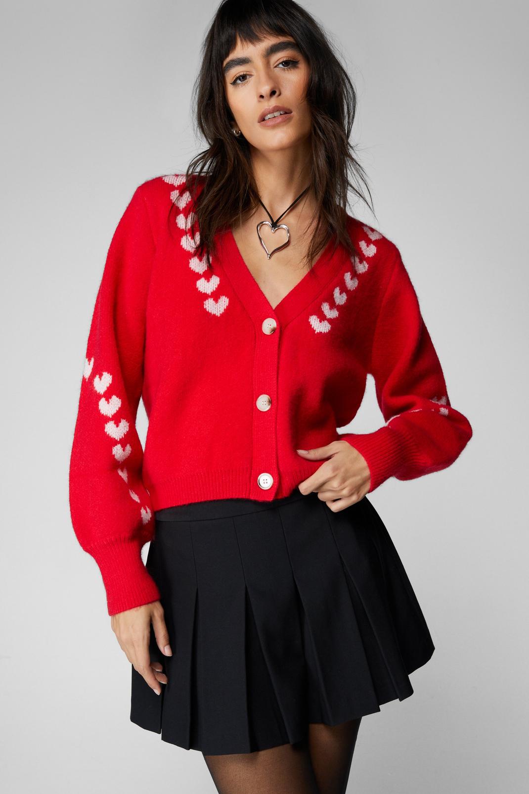 Red Compact Yarn Heart Cropped Cardigan image number 1