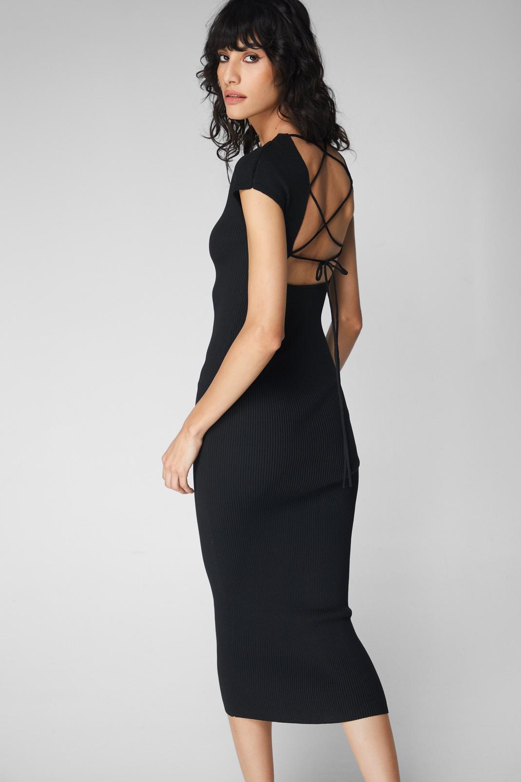 Lace Up Knit Midi Dress, Black image number 1