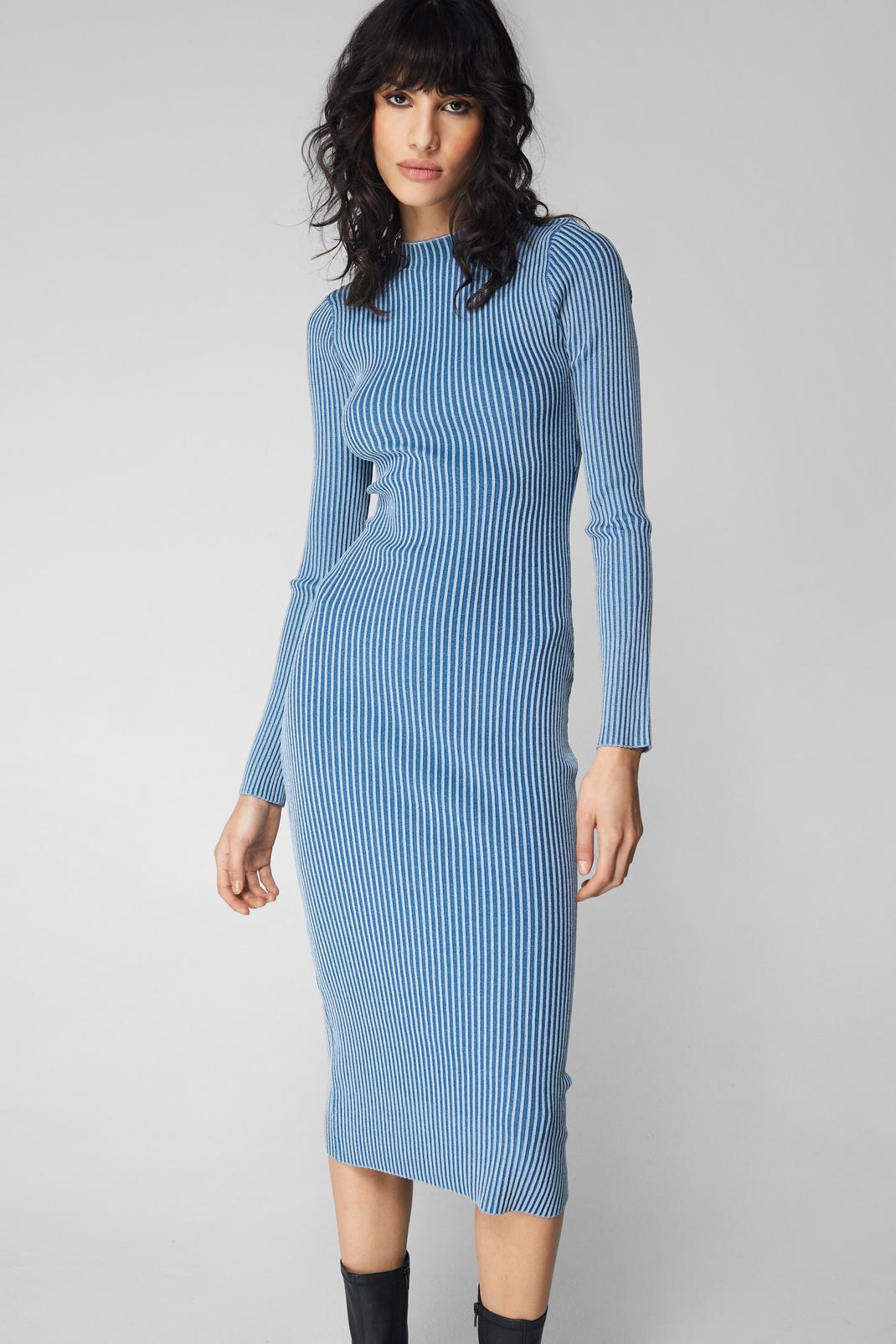 Denim-blue Stripe Funnel Neck Midi Dress image number 1
