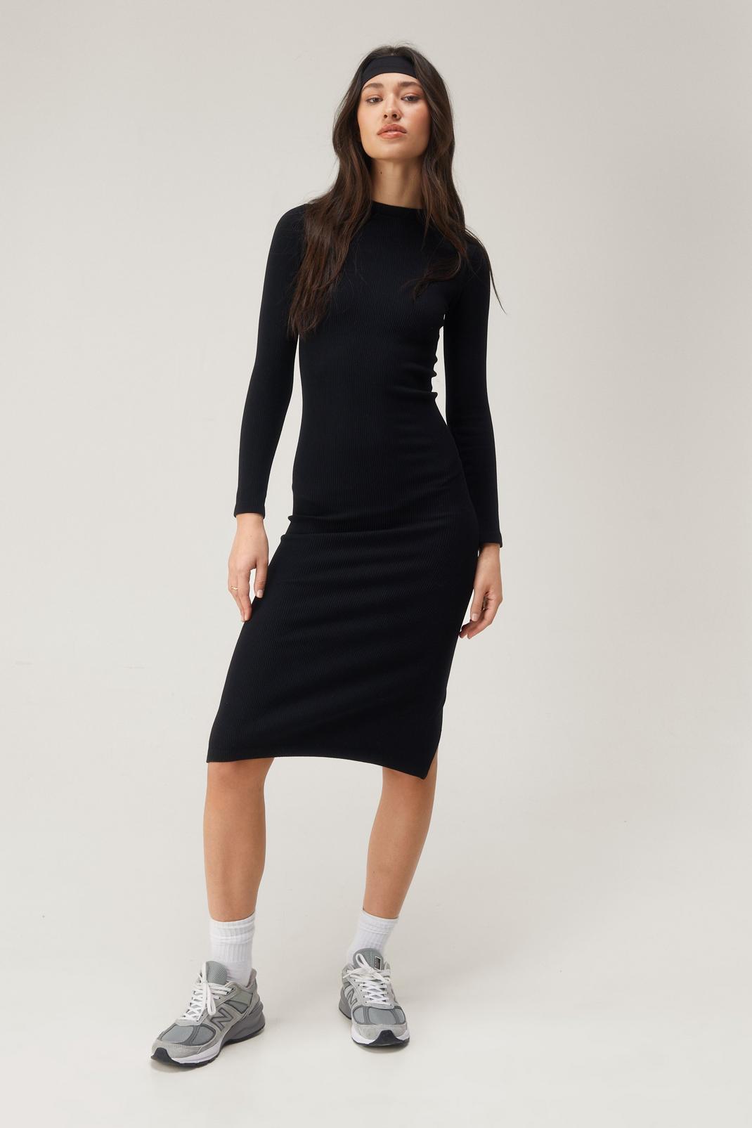 Black Seamless Long Sleeve Midi Dress image number 1