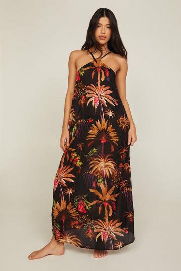 Black Crinkle Palm Tree Low Back Maxi Beach Dress