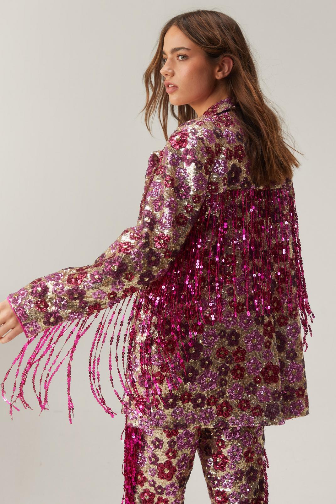 Pink Floral Sequin Fringe Blazer image number 1