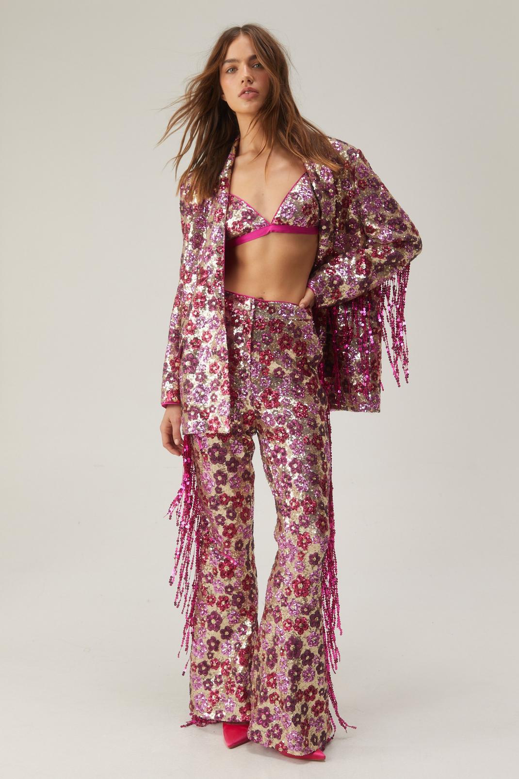 Pink Floral Sequin Flare Trousers image number 1