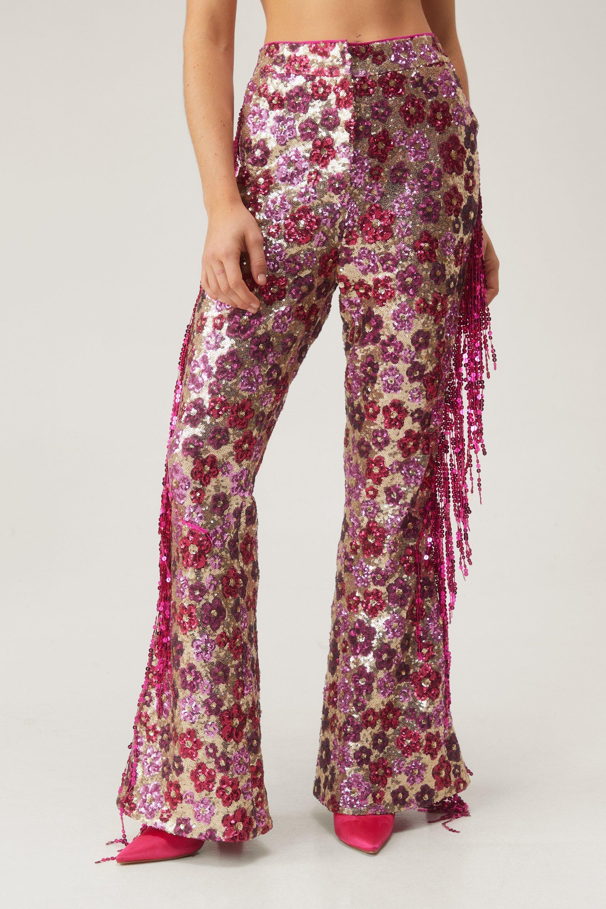 Floral Sequin Flare Pants