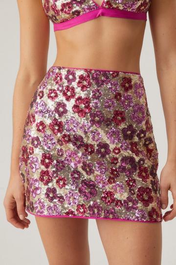 Pink Floral Sequin Mini Skirt