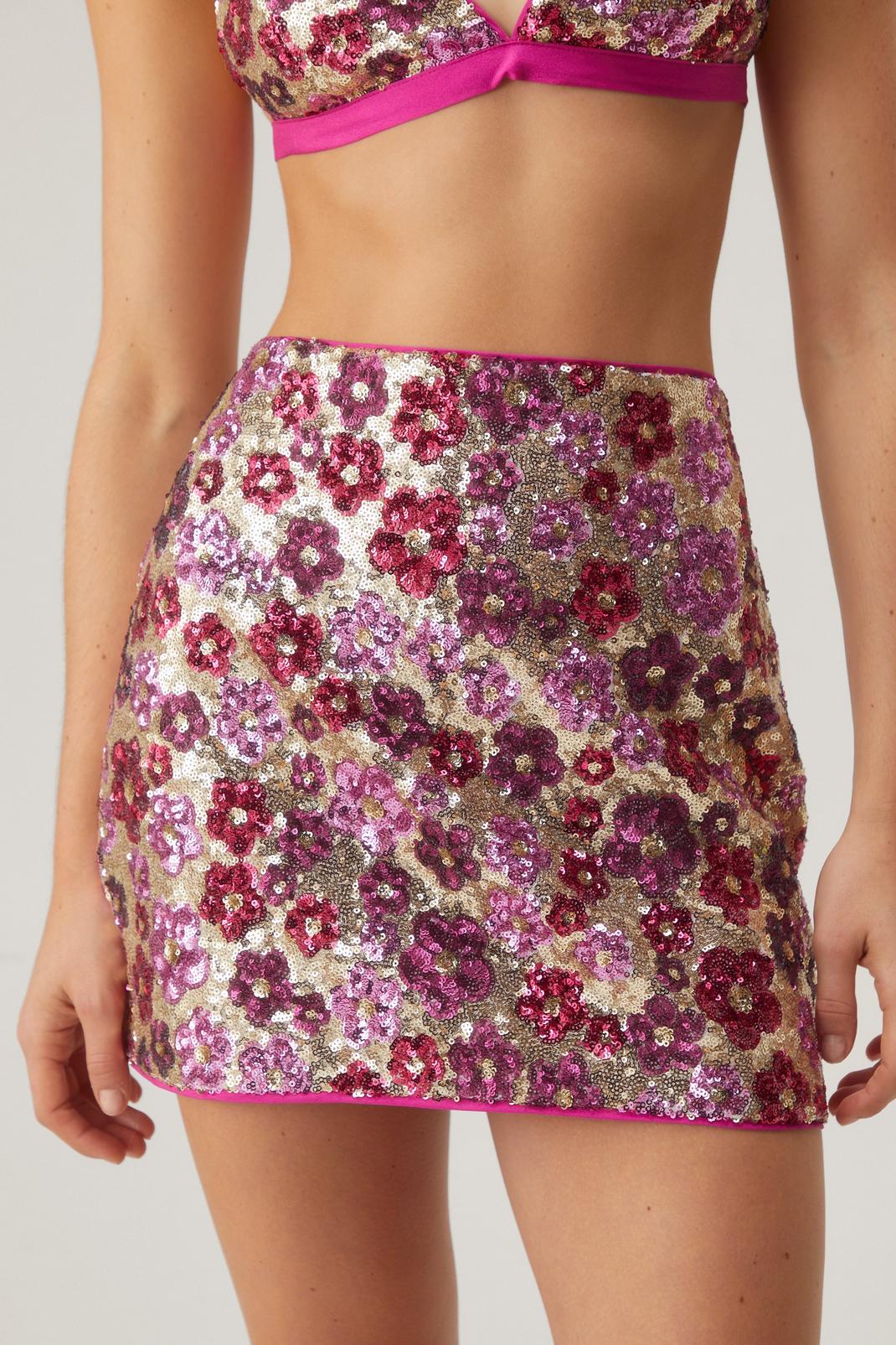 Pink Floral Sequin Mini Skirt image number 1
