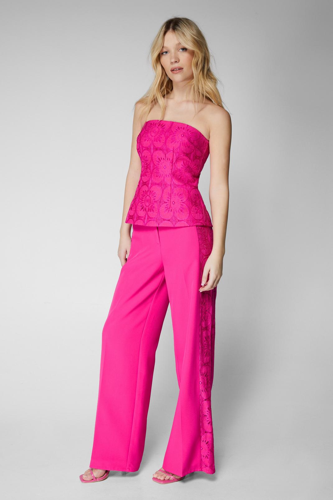 Pink Lace Side Panel High Waisted Tailored Trousers image number 1