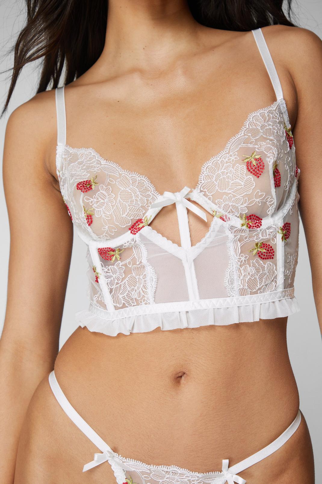 White Strawberry Embroidered Scallop Bow V Corset Lingerie Set image number 1