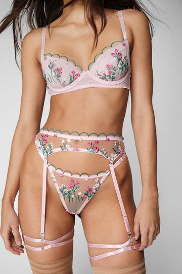 Floral Embroidered Scallop Underwire Harness Lingerie Set pink