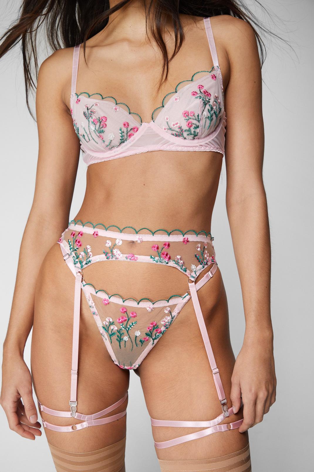 Pink Floral Embroidered Scallop Underwire Harness Lingerie Set image number 1