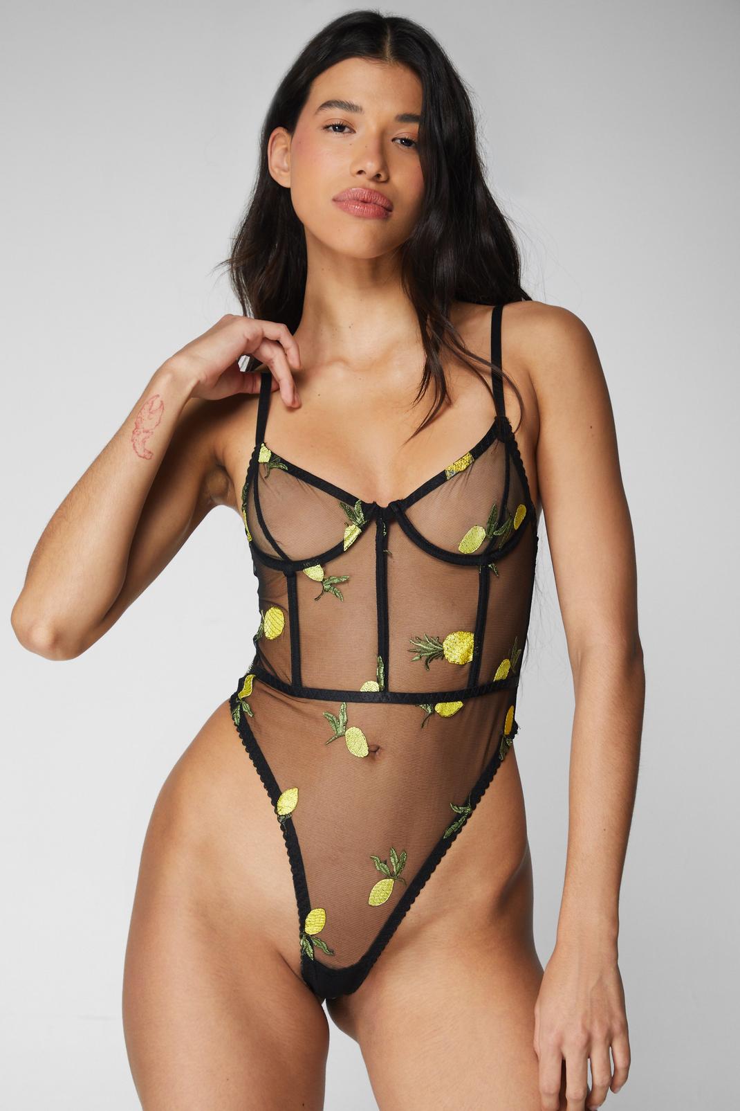 Black Lemon and Pineapple Embroidered Underwire Lingerie Bodysuit image number 1